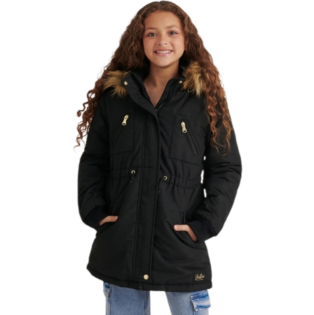 Justice Stylish Girls Black Hooded Parka Coat with Faux Fur Trim‎ Kids Jacket